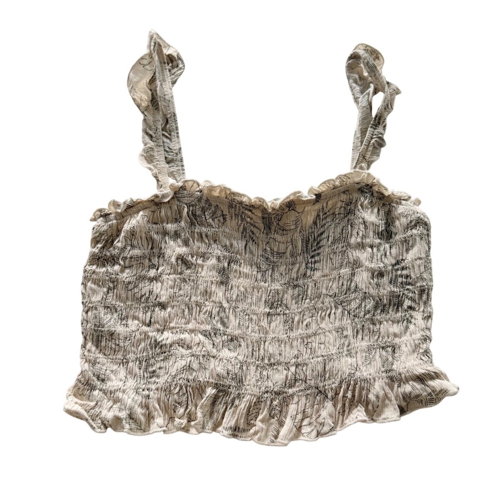 American Eagle Smocked Crop Top Women Medium Cream Black Floral Ruffle Straps